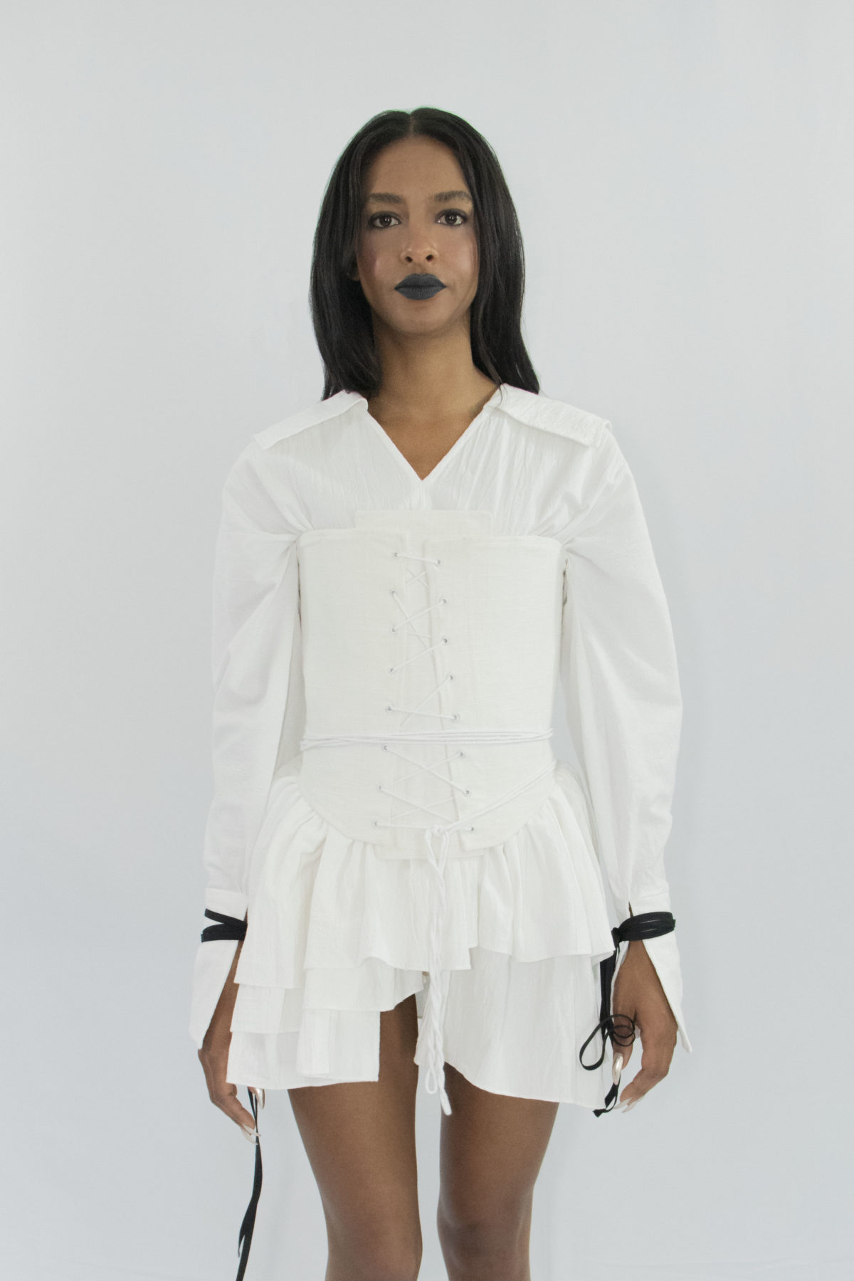 Woman wearing white zero waste cotton corset