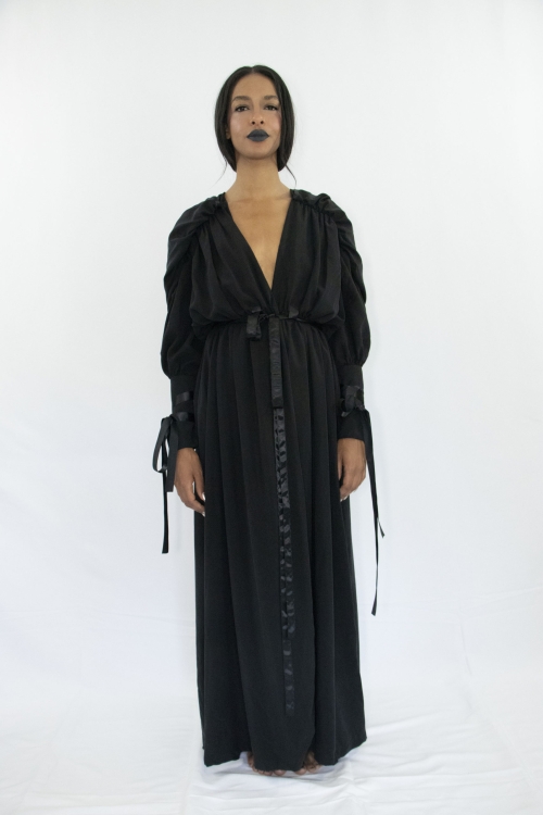 Woman wearing black tencel witch ritual summer dress